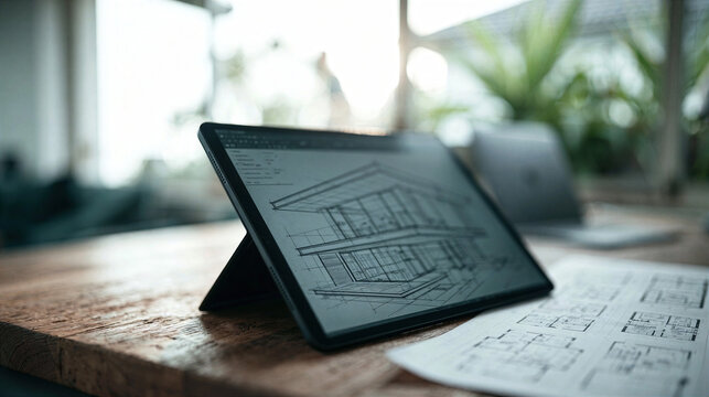 Modern House Design on Tablet with Architectural Plans, Laptop, and Sunlit Window in Background.