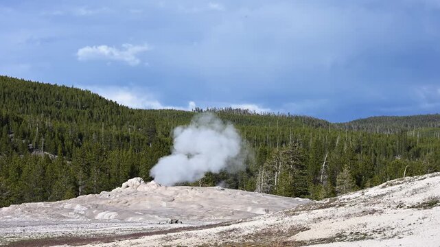 Old Faithful Geyser steaming on a stormy sky day, summer vacation exploring Yellowstone National Park
