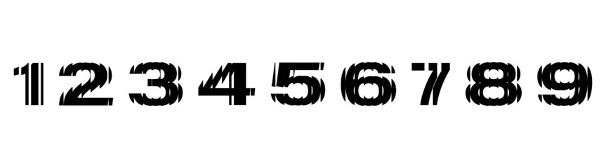 Fototapeta na wymiar Bold black sliced number set 1–9 with a unique striped, fragmented glitch numbers typographic design with distorted geometric cut effects - perfect for modern posters, branding, and number typefaces.