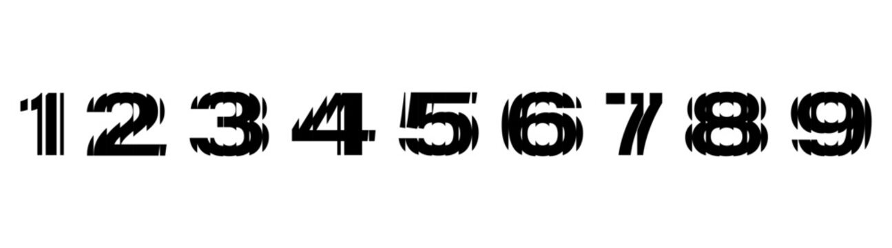 Bold black sliced number set 1&ndash;9 with a unique striped, fragmented glitch numbers typographic design with distorted geometric cut effects - perfect for modern posters, branding, and number typefaces.