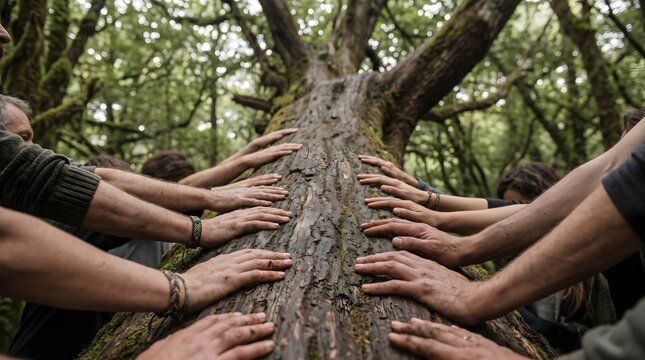 Hands of Kindness A Circle of Unity Embracing a Mighty Tree in a Lush Forest, Symbolizing Growth and Connection to Nature