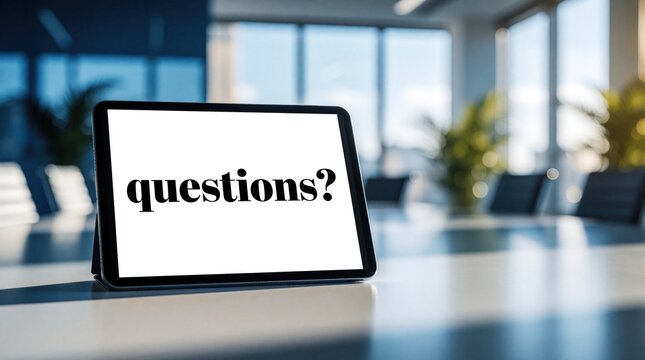 Tablet displays questions text in modern conference room. Digital device on table, empty meeting space with blurred background. Business communication concept.