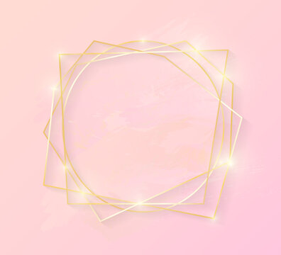Gold shiny glowing asymmetric art frame with rose pastel brush strokes isolated on pink background. Golden luxury line border for invitation, card, sale, fashion. Christmas and New Year Vector