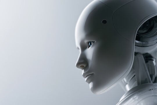 Profile view of futuristic humanoid robot with smooth white surface and glowing blue eye set against a soft gradient background