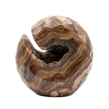 Polished agate stone sphere with natural brown, red, and white banded layers and a hollow center filled with dark sparkling crystal druzy isolated on a transparent background