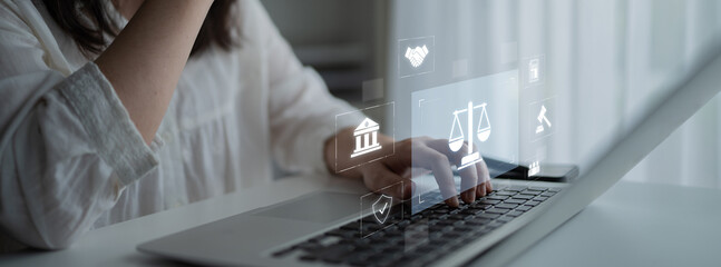 Legal compliance and governance concept showing justice scale, courthouse, contract, policy,...