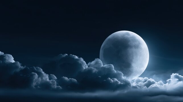 Full moon glowing brightly above fluffy clouds in a dark night sky creating a serene and mystical atmosphere over the horizon under a silent sky