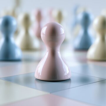 Pastel-colored game pieces arranged on a soft-hued board game with a single piece in sharp focus symbolizing strategy and decision-making