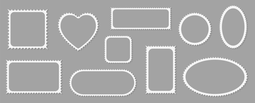 Pack of scalloped white postage frames isolated. Outline border template. Simple minimalist label text box. Blank scallop edge stamp mockup. Vector illustration