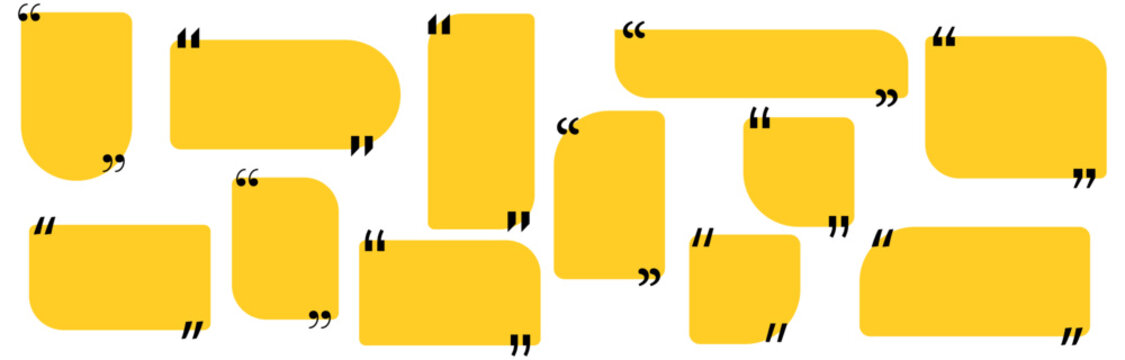 Quote box title pack isolated. Yellow geometric shapes speech quotation mark frames. Text talk info message box borders. Dialog mark speech quotes icon. Vector png illustration