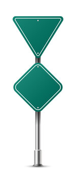 Realistic green triangle and rhombus traffic sign on metal steel pole isolated. Green road panel mockup - direction highway, board traffic, city board location, street roadsign, stop, guide. Vector