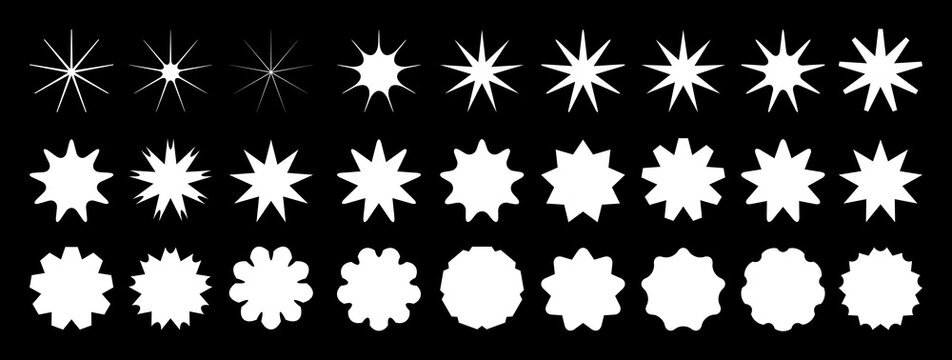 Set of white stars icons. Star shapes collection. Minimalist simple stars pack. Christmas star objects isolated on black background. Vector illustration