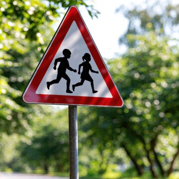 Triangular road sign warning drivers of children crossing ahead with blurred green trees and bright sunlight in the background on a clear day