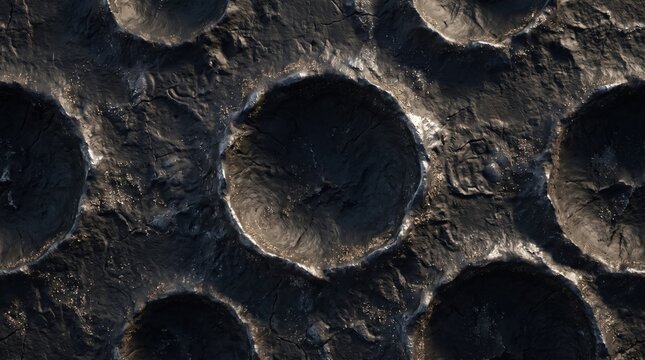Dark gray textured surface featuring repeating circular indentations, resembling a cratered lunar landscape or industrial molded with rough, uneven contours