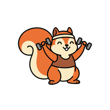 Cartoon squirrel lifting weights with headband and determined expression for fitness and sports content
