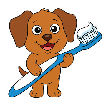 Cute cartoon dog brushing teeth with toothbrush and toothpaste for playful hygiene illustration