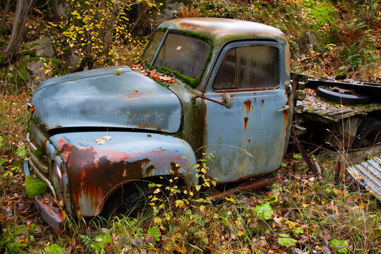 Rusty abandoned vintage truck overgrown in forest