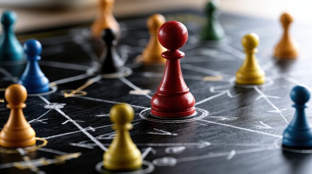 Red pawn standing out in the center among multicolored game pieces connected by white chalk network lines symbolizing strategy teamwork and leadership concepts on bl