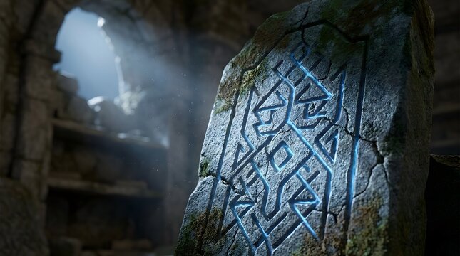 Ancient stone with runic carvings illuminated by mysterious light in a dark cave.