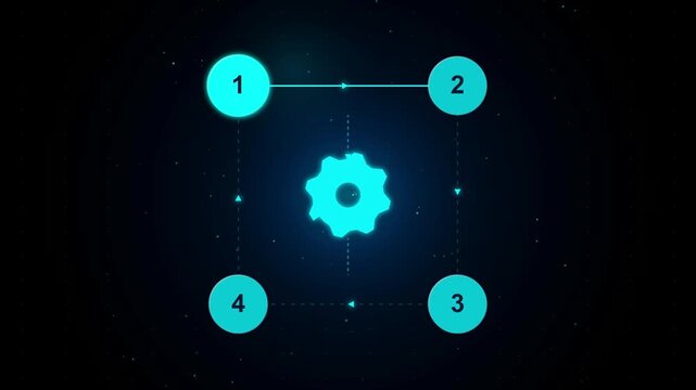 Abstract digital infographic with rotating cycle gear icon showing four steps for business process and workflow development