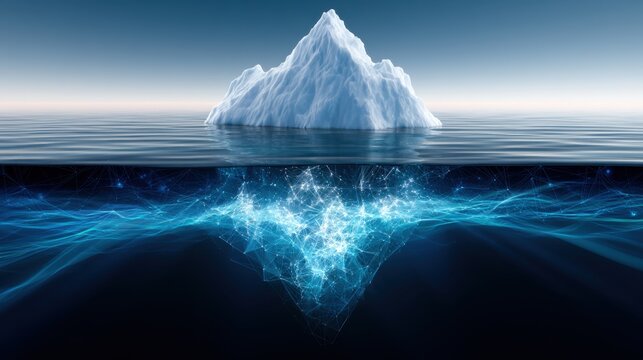 Conceptual visualization of an iceberg with a glowing, network-like structure beneath the water symbolizing hidden depth and complexity beneath the surface