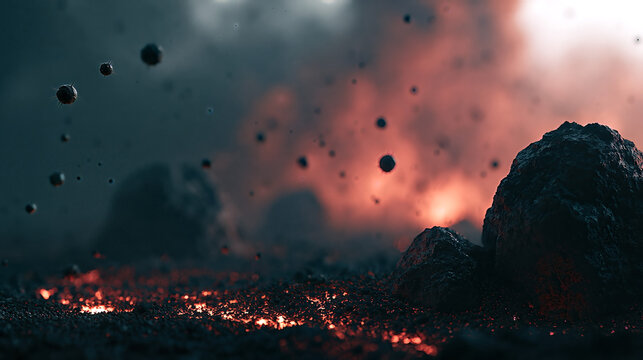 Dramatic Volcanic Landscape with Glowing Lava, Floating Spiked Objects, and Towering Rocks in Fiery Atmosphere.