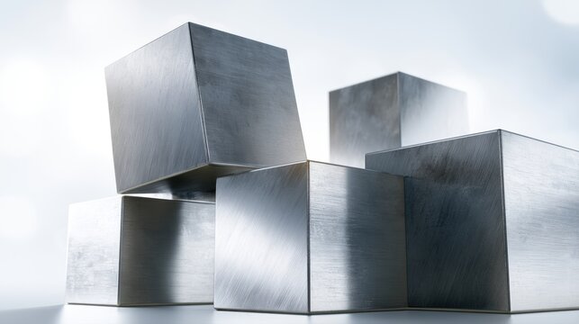 Modern abstract composition of stacked metallic cubes with brushed texture reflecting soft natural light on a minimalistic white background