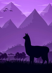 Fototapeta premium Majestic Llama Silhouette on a Mountain Cliff in Forest Wilderness – Vector Landscape