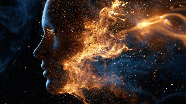Artistic silhouette of a human face dissolving into fiery ashes and glowing embers against a dark cosmic background conveying transformation and energy