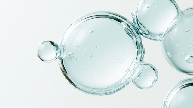 透明な液体の気泡が浮かんでいる状態。化粧品やスキンケアの保湿成分イメージ素材