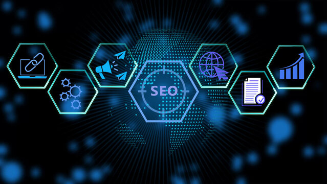 A digital featuring a central seo target surrounded by hexagonal panels containing symbols for link building, marketing