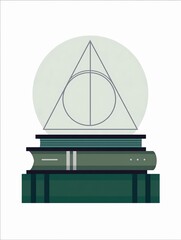 Fototapeta premium Minimalist flat illustration of stacked green hardcover books below a sacred geometry triangle, circle, and vertical line emblem. Ideal for esoteric symbolism.