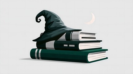 Fototapeta premium Modern flat illustration of stacked dark teal books with a pointed wizard hat beside a glowing crescent moon. Ideal for fantasy book covers, Halloween flyers.