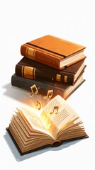 Fototapeta premium Realistic render of a brown leather book stack and an open book glowing golden with musical notes. Ideal for magical storytelling, fantasy music posters.