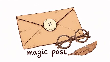 Fototapeta premium Hand drawn vintage sketch of a sealed parchment envelope with wax seal, round spectacles, and a feather quill. Perfect for fantasy stationery, magical letters.