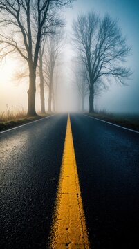 Foggy morning road with bare trees and yellow line disappearing into mist. This atmospheric scene invites travel and exploration toward an unknown destination. Journey ahead.