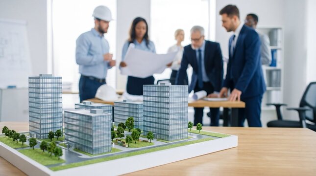 Architectural building model on table with team of engineers and business people discussing blueprint in office background. Urban planning and real estate development