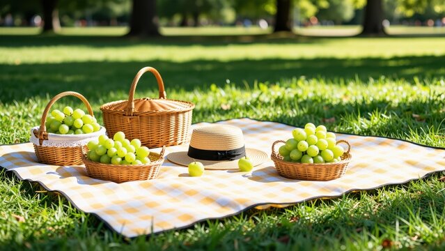 Picnic setup with wicker baskets filled with green grapes and a straw hat on a checkered blanket in a lush park environment during daytime