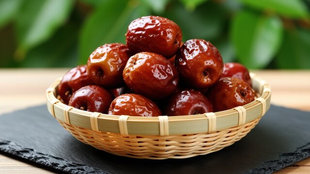 Fresh ripe jujube fruits in a woven basket on a wooden surface with green foliage background, natural produce, healthy snack, organic food, vibrant color, close-up, light-reflectin