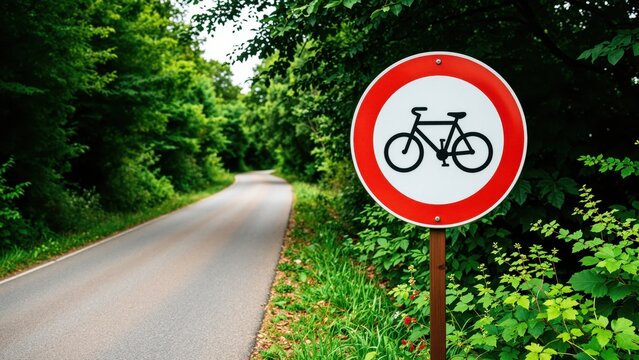 Scenic rural roadway with lush green trees lining the sides and a bicycle lane sign indicating a bike path in the countryside