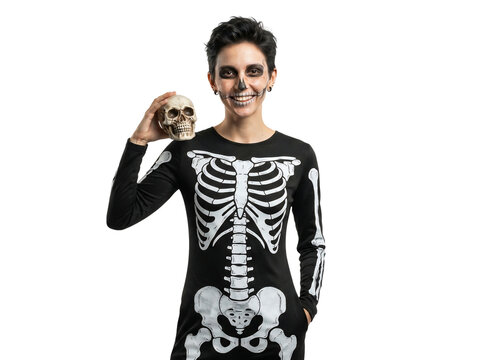 Woman holding skull with skeleton costume makeup