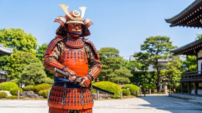 Man in traditional samurai armor with sword standing in japanese temple garden. Asian warrior in red armor and helmet holding