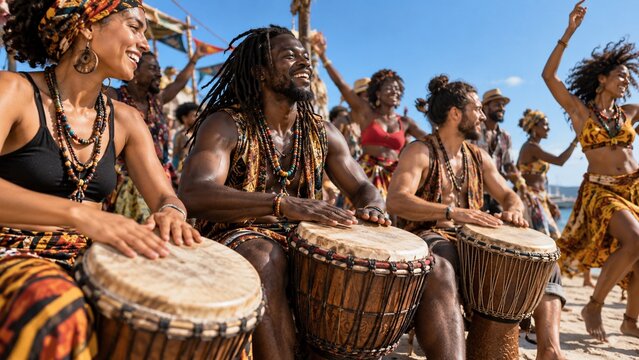 A lively group of musicians plays wooden hand drums on a sunny tropical beach while dancers celebrate nearby, surrounded by palm trees and colorful festival clothing.