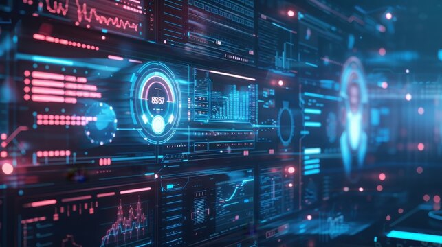 Futuristic digital interface with glowing data visualization and complex analytical charts on dark background with charts technical metrics interface displays intelligence information technology