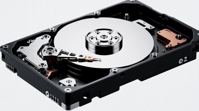 Open hard drive with spinning platters and read write head. Computer data storage component inside black casing. Digital information storage device.