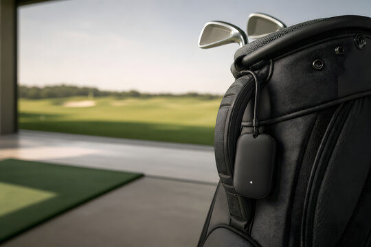 Smart tracker tag hanging from a black golf bag at a driving range