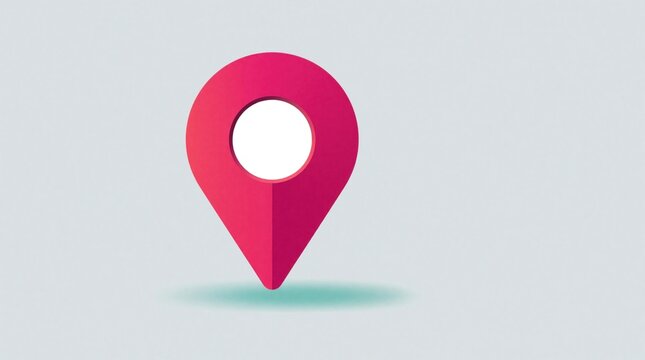 Bright pink map pin icon floats on soft gray background. Simple design element marks location for navigation or business. Clean graphic shows destination.