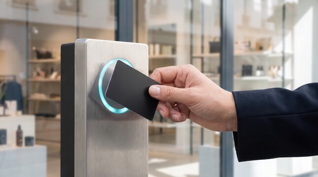 A hand in a business suit tapping a black smart card on a terminal reader with electronic security terminal through modern electronic person professional suit gain access through uses smart entry