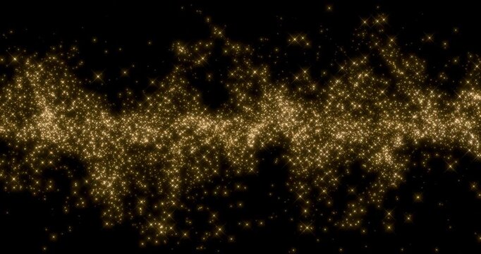 Glittering gold particle trails flying from center in black background. Sparkling light streaks glow dust effect. 4K 3D rendering loop animation.