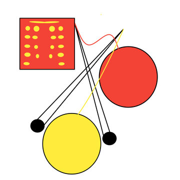 Knitted sweater pattern piece with yarn balls and needles. Handmade knitting craft vector illustration.